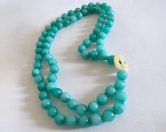 Stunning Vintage Amazonite Double Strand Necklace w/ Stone Pull Loop Latch Closure, Hand Knotted Necklace with Faceted 14mm Amazonite Beads