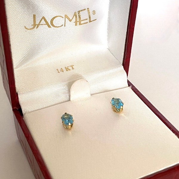 Delicate Jacmel 14K Yellow Gold Earrings with Oval Faceted Swiss Blue Topaz Gemstones, Prong Set Sparkling Post Earrings, December Birthday