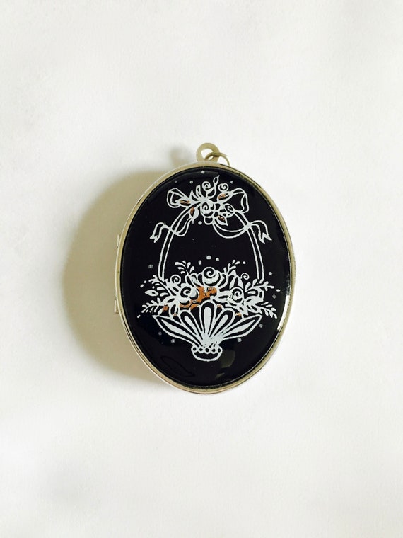 Vintage Large Black and Silver Tone Locket with F… - image 1