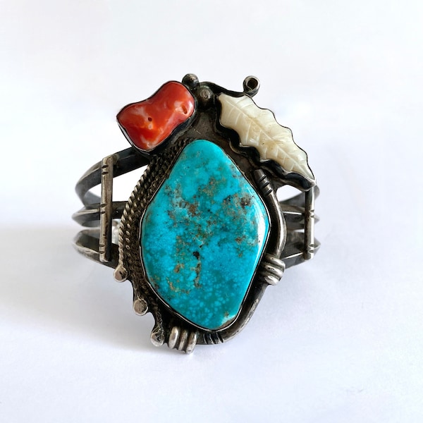 Navajo Sterling Silver Cuff Bracelet w/Bezel Set Large Turquoise Gemstone, Mother of Pearl and Coral, Unsigned Older, Small Wrist  Cuff