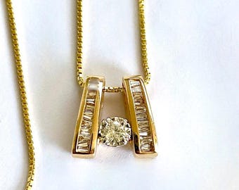 Vintage Modern 14k Gold Slider Pendant and Prong Set 1/4 Carat Diamond and 10 Channel Set Tapered Baguette Diamonds on 20&quot; Vermeil Box Chain