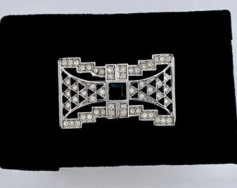 Givenchy Vintage Art Deco Style Black Enamel and Rhinestone Brooch, Rectangular Brooch with Bow Tie Design, Elegant 1980s Givenchy Brooch