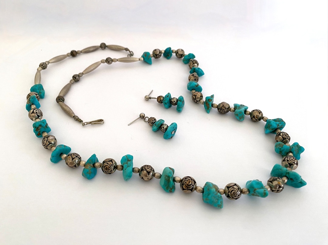 Silver Beads and Natural Tumbled Turquoise 27 Necklace - Etsy