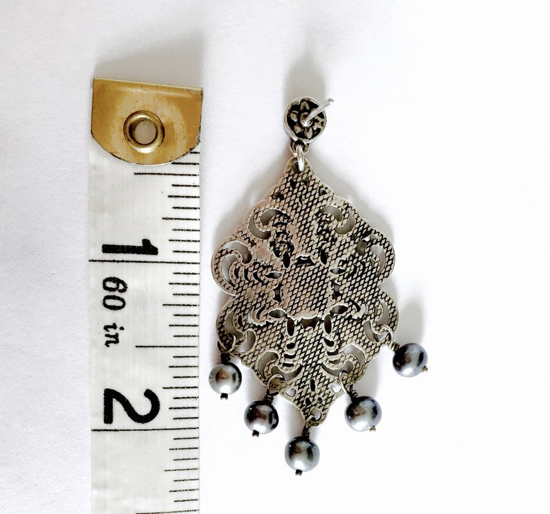 Fabulous Vintage Sterling Silver Chandelier Earrings with Natural Black Pearls Filigree Antiqued Silver Boho Gypsy Style Dangle Earrings