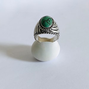 Carolyn Pollack, Relios Sterling Silver Oval Green Inlay Turquoise Southwestern Style Ring, Unisex Ring Size 10