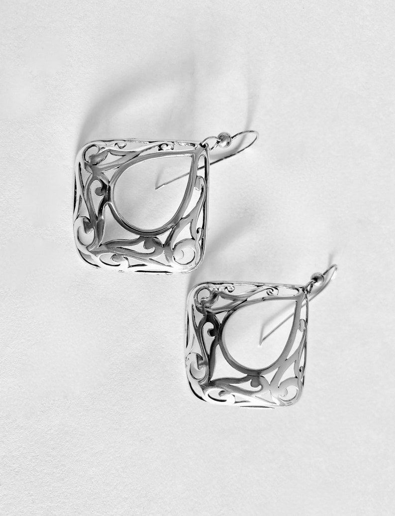 Filigree Style Earrings Elegant Sterling Drop Earrings Square Open Work Sterling Silver Dangle Earrings with Center Open Teardrop Design