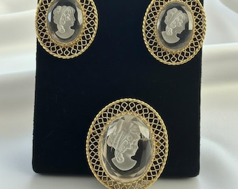 The Knights of Momus (K/M) Brooch and Earrings, Gits for Mardi Gras Balls or Parades of 1968 Season, Glass Reverse-Carved Intaglio Cameo Set