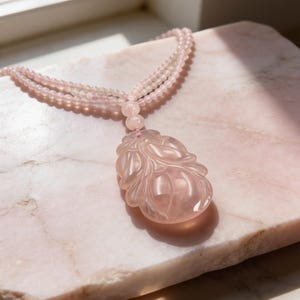 Rose Quartz Vintage Chinese Import Multi Strand Pendant Necklace, Polished Rose Quart Beads Hand Knotted on Silk w/Two Sided Carved Pendant
