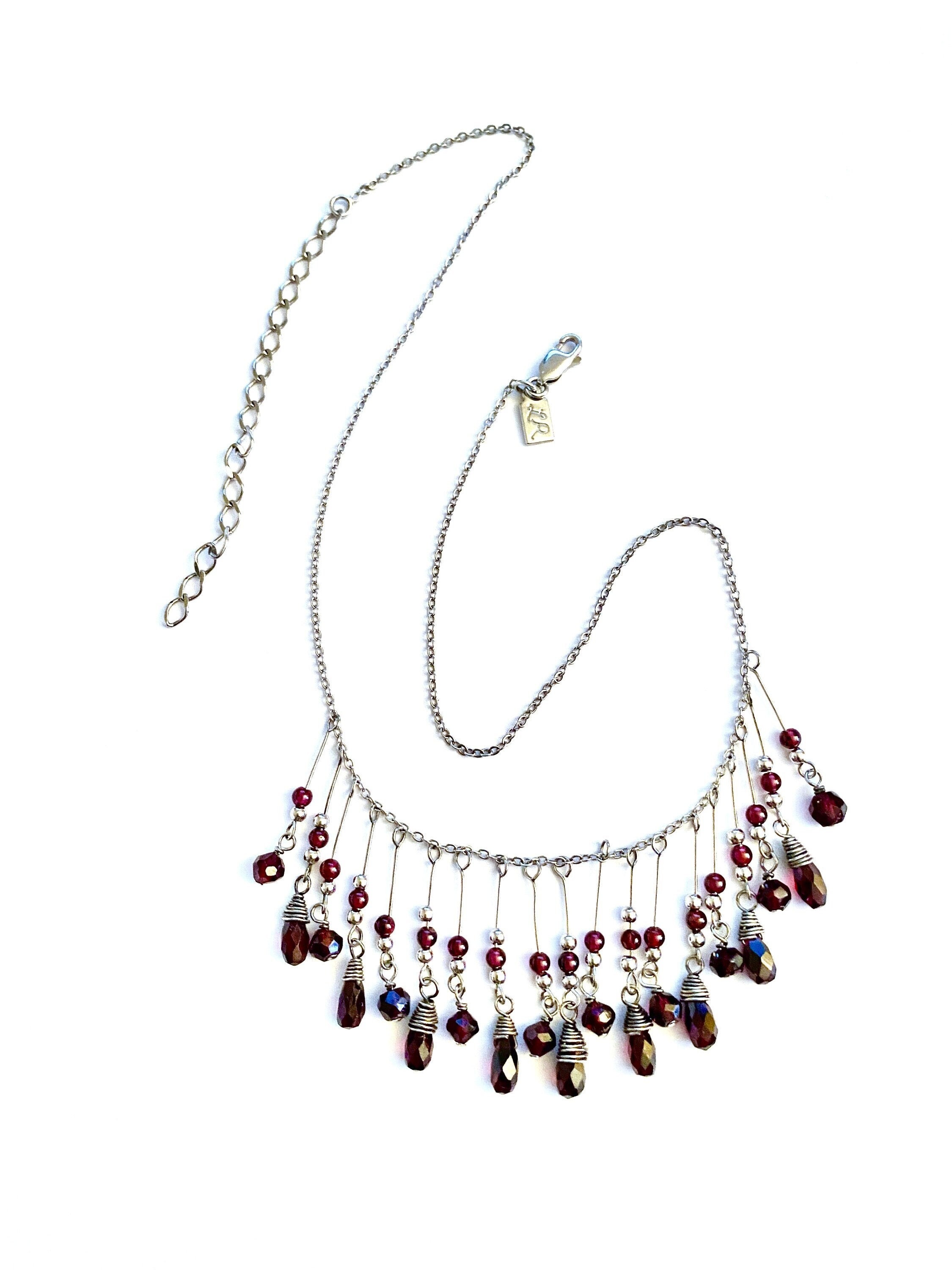 Lady Remington Silver Tone Necklace With Wired Deep Red Faceted