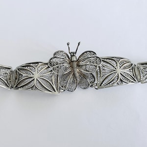 Silver Filigree Hinged Panel Bracelet with Center Butterfly, Cannetille Tapered Six Panel plus Center Butterfly and Pin Closure, 800 Silver
