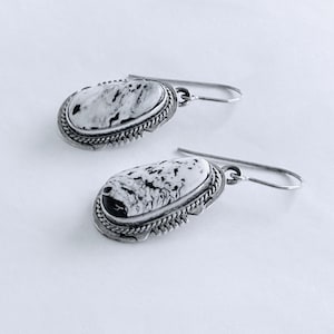 Vintage Lambert Livingstone Sterling Silver White Buffalo Earrings, Navajo Artist Dangles of White Buffalo Bezel Set Cabochons w/Rope Detail