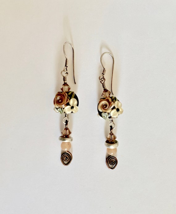 Artisan Lampwork Art Glass Bead Earrings, Elegant,