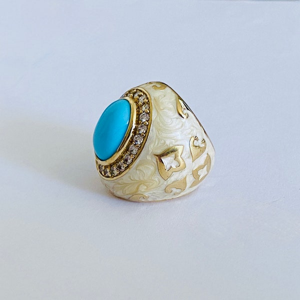 Vintage Lauren G Adams Swirled Enamel, Faux Turquoise Oval Cabochon Surrounded w/Crystals, Unusual Dome Statement Ring Measuring as a Size 6
