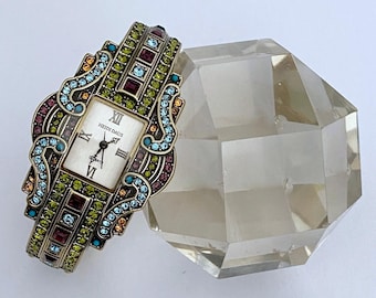 Vintage Heidi Daus Bracelet Watch in Original Box, Sparkling Art Deco Design w/Multi Colored Crystals, New Battery and Ready to WOW!, Bangle