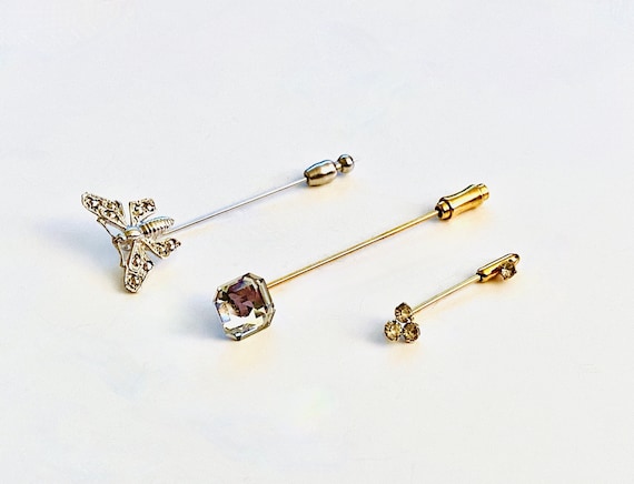Three Lovely Vintage Stick Pins - Silver Tone and Marcasite Butterfly, Square Faceted Crystal, Beautiful Smaller Stick Pin with Rhinestones