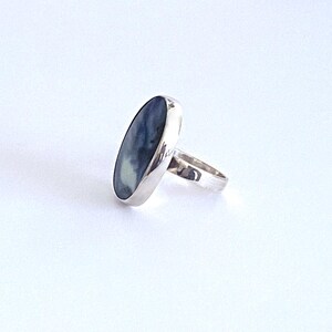 May include: A silver ring with a blue and white oval gemstone.