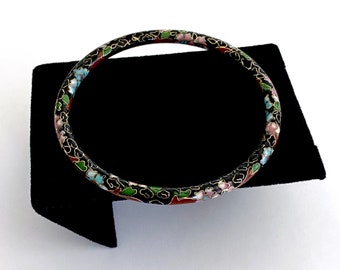 Beautiful Vintage Black Enamel Cloisonne Bracelet with Pink and Blue flowers and Other Jewel Tones Encircling this Bangle