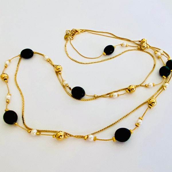 Trifari 24" Classic Gold Tone Chain and 24" Gold Tone Necklace with Black, Gold Tone and Faux Pearl Beads, Vintage Station Necklace & Chain