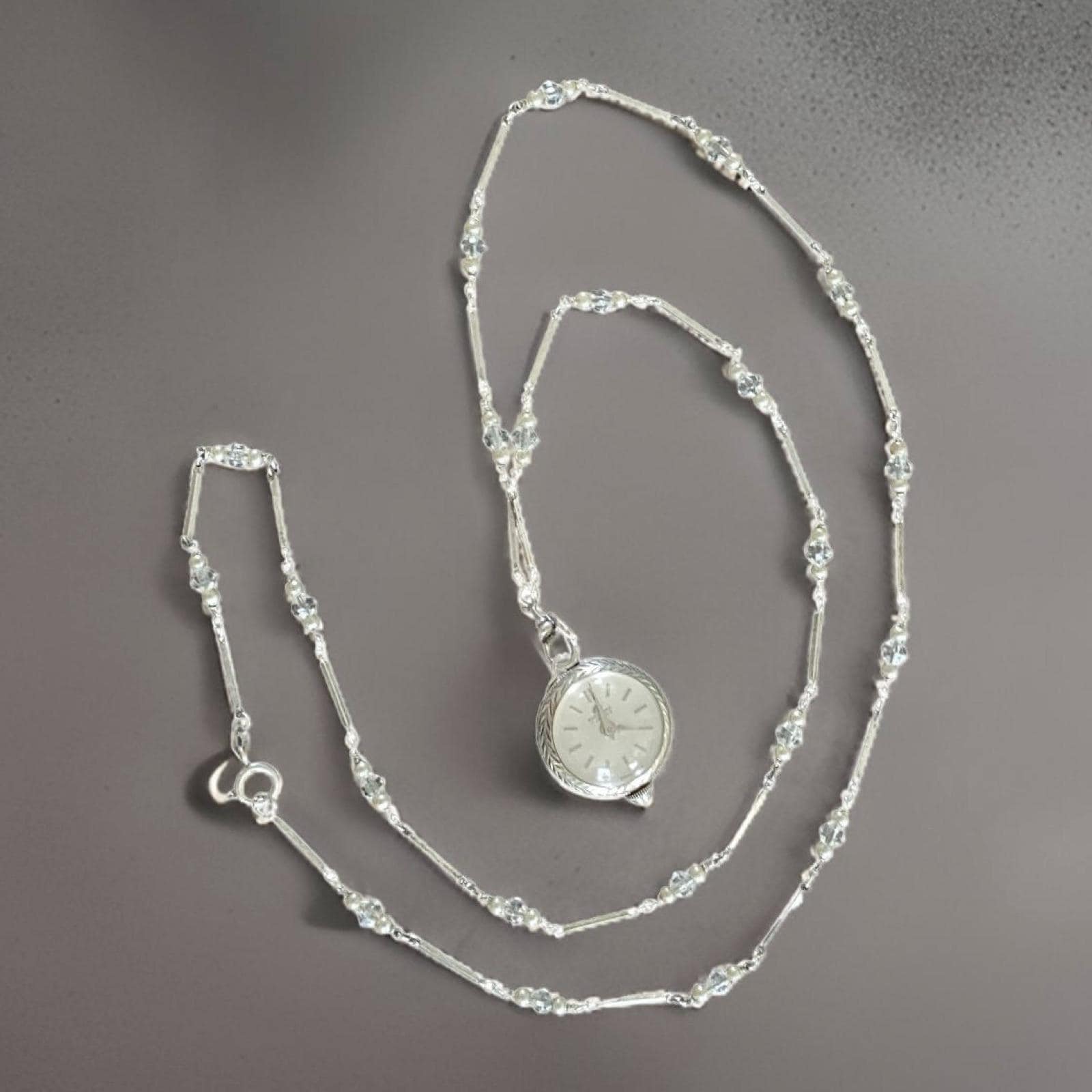 Bucherer Glass Ball Watch Pendant FOR PARTS, Round Beveled Glass Front & Back, 1940s 800 Silver Original Chain with Crystals and Seed Pearls