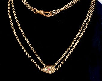 Victorian Gold Filled Slider Necklace w/Cable Links, Sweet Detail on Slider with Seed Pearls, One Tiny Opal and One Tiny Ruby Colored Stone