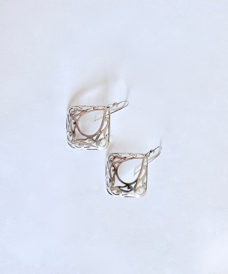 Filigree Style Earrings Elegant Sterling Drop Earrings Square Open Work Sterling Silver Dangle Earrings with Center Open Teardrop Design