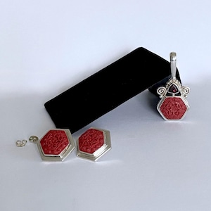 Sajen Hand Carved Cinnabar and Garnet Pendant with Matching Cinnabar Earrings in Sterling Silver Frames, Classic, Quality Artisan Cinnabar