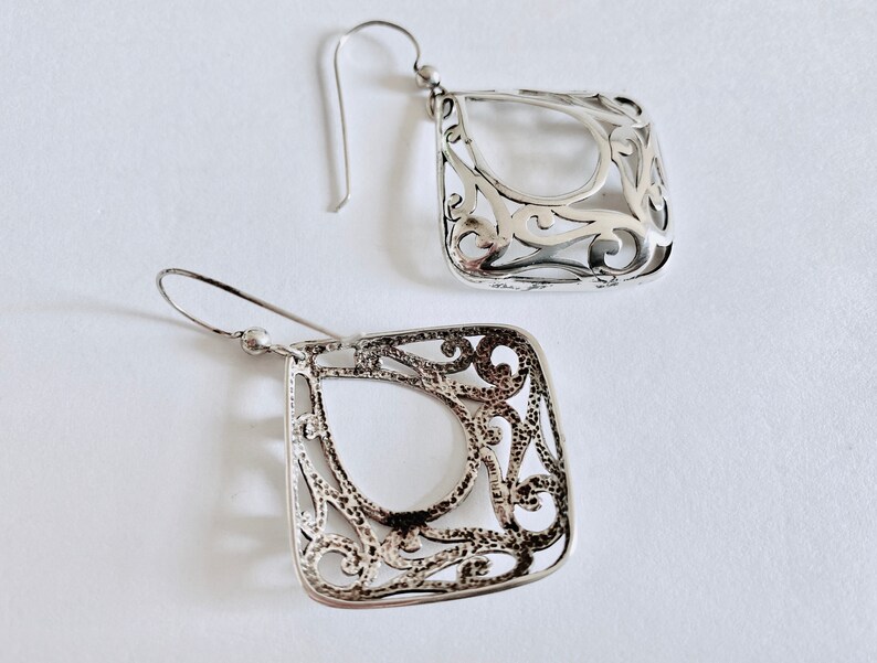Filigree Style Earrings Elegant Sterling Drop Earrings Square Open Work Sterling Silver Dangle Earrings with Center Open Teardrop Design