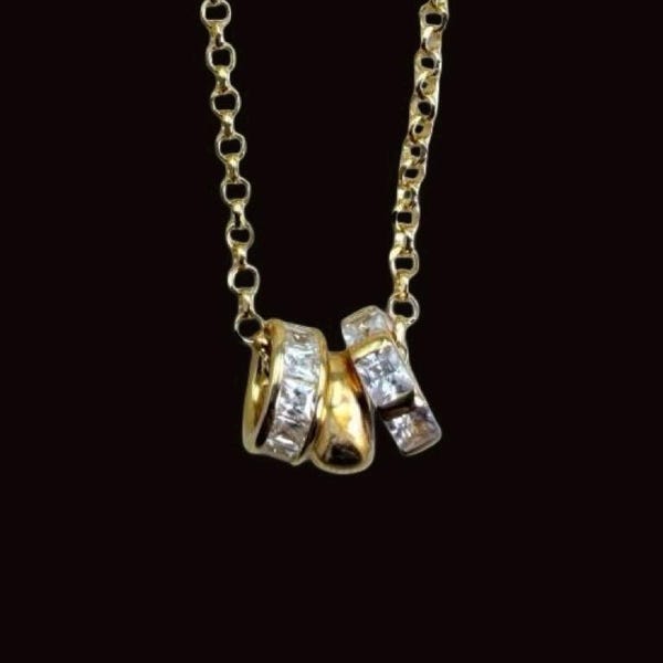Milor, Italy Trilogy Vermeil Necklace w/3 Small Rings or Charms Suspended on 18" Fine Rolo Chain, 2 Charms w/Cubic Zirconia and 1 Polished