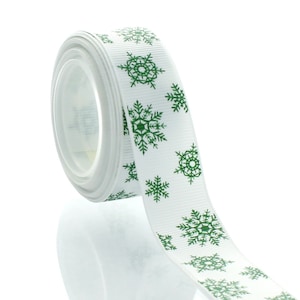 7/8&quot; Winter Green Snowflakes Grosgrain Ribbon - Choose Length