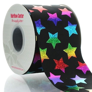 3&quot; Black w/ Ombre Rainbow Stars Cheer Grosgrain Ribbon - Choose Length