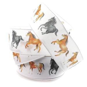 2 1/2 inch Wired Ribbon Running Wild Horses on White Choose Length