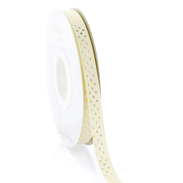 3/8 inch Ivory/Gold Foil Dots Grosgrain Ribbon- Choose Length