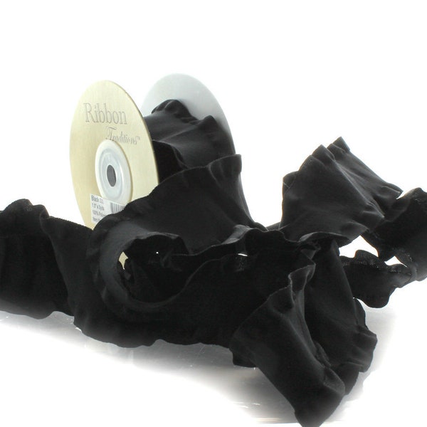 1.5" Black Satin Double Ruffle Ribbon Choose 3 or 25 yards