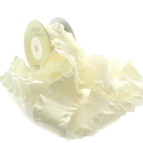 1.5" Ivory Satin Double Ruffle Ribbon Choose 3 or 25 yards