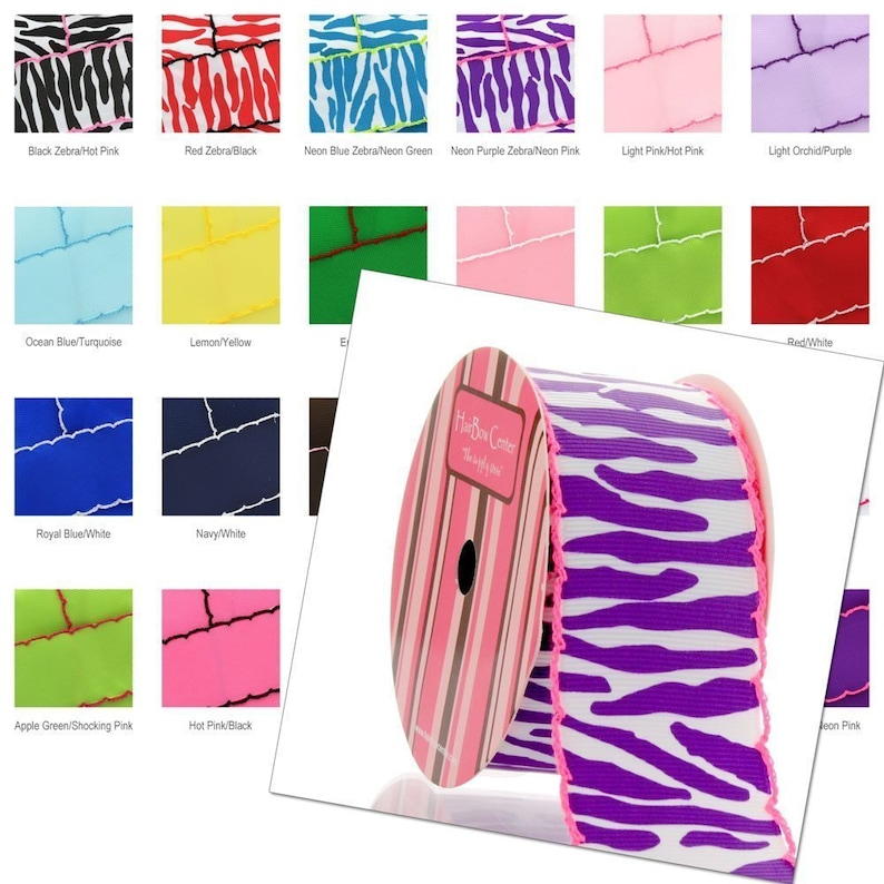 Puede incluir: Un rollo de cinta de cebra de color morado y blanco con bordes festoneados de color rosa. La cinta est&aacute; en un carrete de rayas rosa y blanco con el texto "Hair Bow Center" y "The Bow Mix".