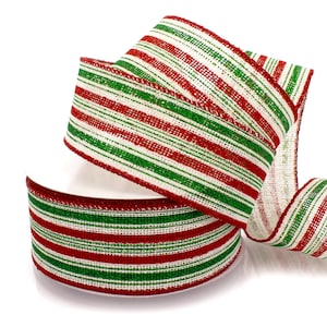 2 1/2 inch Wired Ribbon Christmas Red/Green/White Stripes Burlap Choose Length