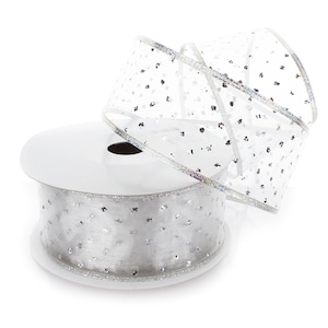 Silver Metallic Banded Edge Glitter Dots Wired Sheer Organza Florist Ribbon Winter Christmas Holiday #9 #40