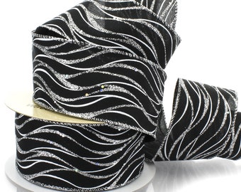 Wired Ribbon Black-Silver Glitter Wave General Use 2 1/2" #40 Holiday Christmas Masculine