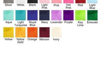 Op de afbeelding: Een kleurenkaart met 18 verschillende kleuren, waaronder zilver, wit, zwart, lichtroze, roze, felroze, rood, lichtblauw, aqua, licht turquoise, koninklijk blauw, marineblauw, lavendel, paars, limoen, smaragd, geel, goudgeel, oranje, donkerrood en ivoor.