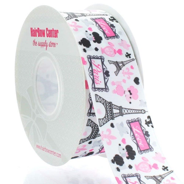 1.5" Pink/Black Paris Grosgrain Ribbon - Choose Length