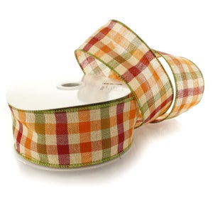 2 1/2 inch Wired Ribbon Fall Gingham Plaid Orange/Green / Maroon Choose Length