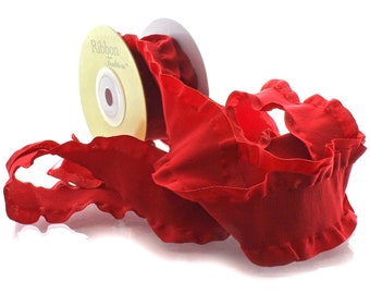 1.5" Red Satin Double Ruffle Edge Ribbon Choose 3 or 25 Yards