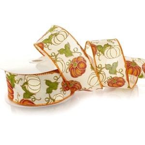Wired Ribbon Pumpkins on Cream Linen 2 1/2 inch Fall Thanksgiving Holiday Wreath #40