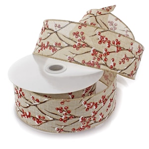 2 1/2&quot; Wired Winter Berries Ribbon on Natural Linen #40