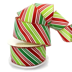 Wired Ribbon Christmas Red Green White Diagonal Stripes 2 1/2 inch Holiday Vintage Candy Stripe