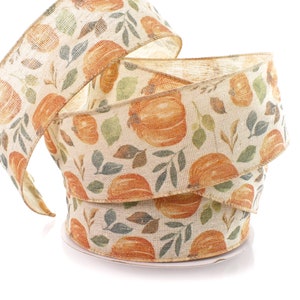 Wired Ribbon Thanksgiving Harvest Pumpkins and Fall Leaves on Natural Burlap 2 1/2 inch Rustic #40