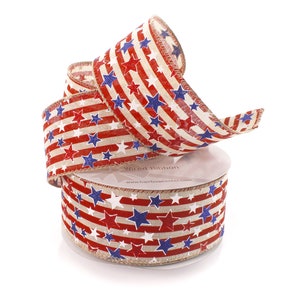July 4th Patriotic Glitter Stars and Stripes Burlap 2 1/2&quot; Wired Ribbon Print USA