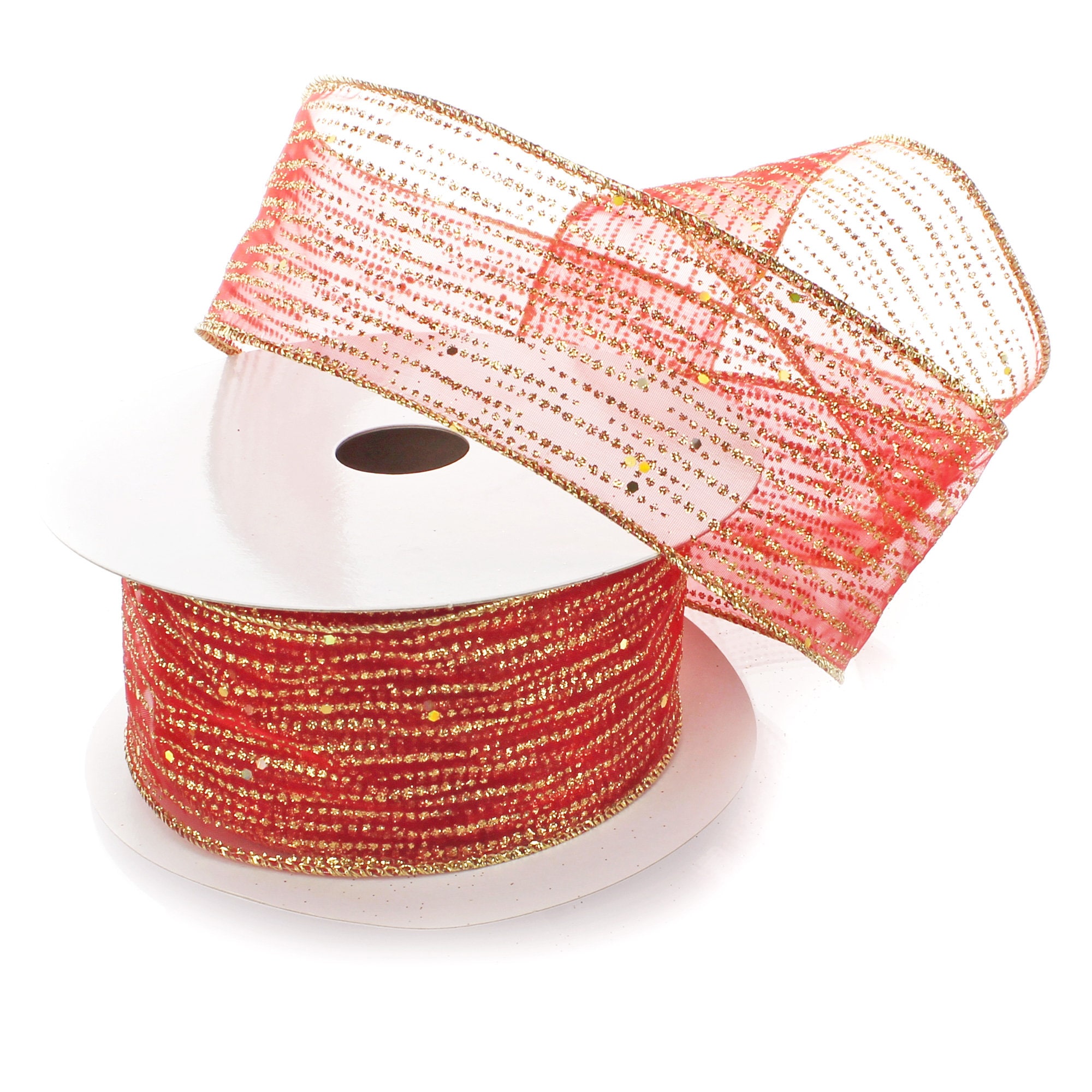 2 1/2 Wired Ribbon Horizontal Glitter/Sequin Stripes Sheer Hot Pink