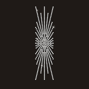 May include: A vertical design of white, sparkling dots on a black background. The dots are arranged in a symmetrical pattern, radiating outwards from a central point. The design resembles a stylized burst or star.