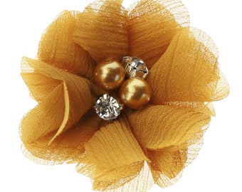 May include: A gold fabric flower with three pearl-like beads and two clear rhinestones in the center.